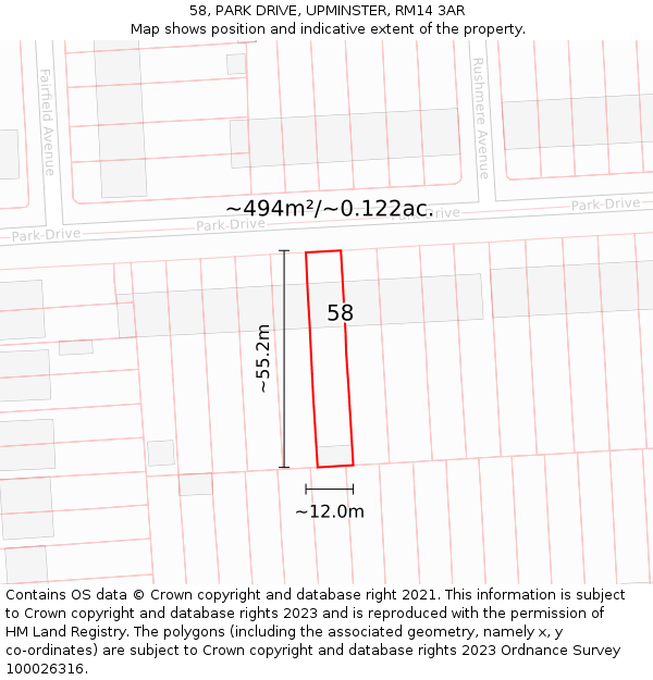 58, PARK DRIVE, UPMINSTER, RM14 3AR: Plot and title map