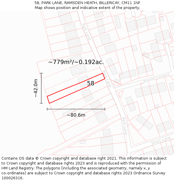 58, PARK LANE, RAMSDEN HEATH, BILLERICAY, CM11 1NF: Plot and title map
