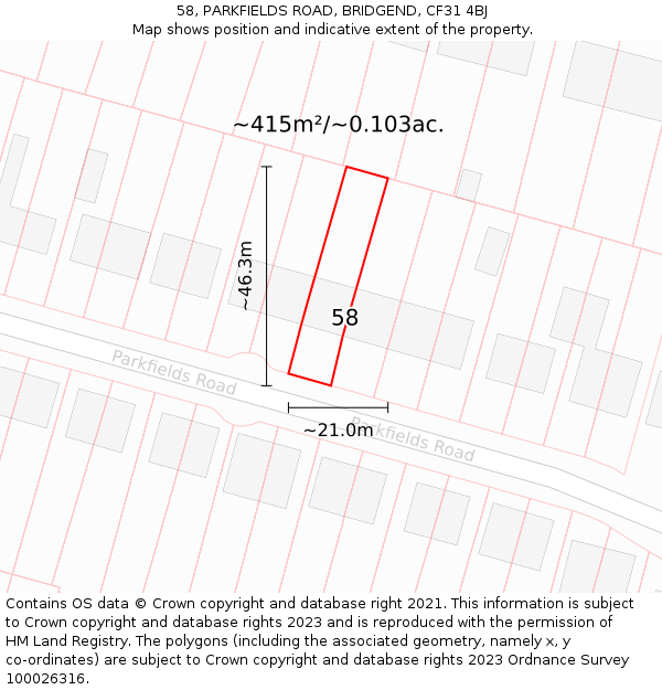 58, PARKFIELDS ROAD, BRIDGEND, CF31 4BJ: Plot and title map