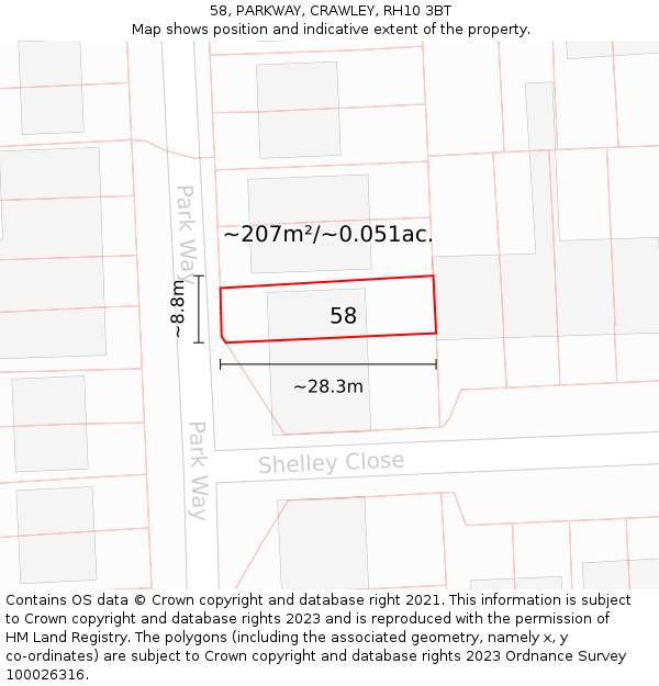 58, PARKWAY, CRAWLEY, RH10 3BT: Plot and title map
