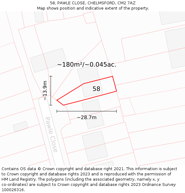 58, PAWLE CLOSE, CHELMSFORD, CM2 7AZ: Plot and title map