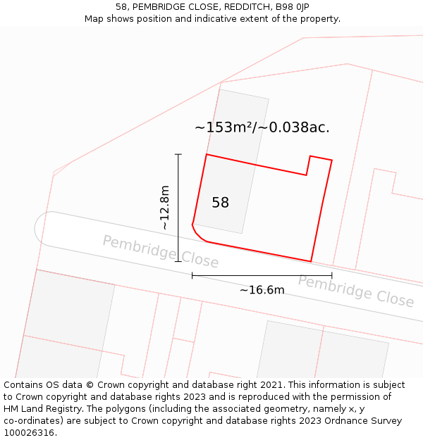58, PEMBRIDGE CLOSE, REDDITCH, B98 0JP: Plot and title map