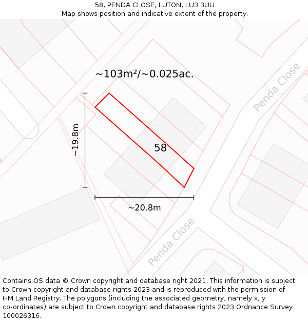 58, PENDA CLOSE, LUTON, LU3 3UU: Plot and title map