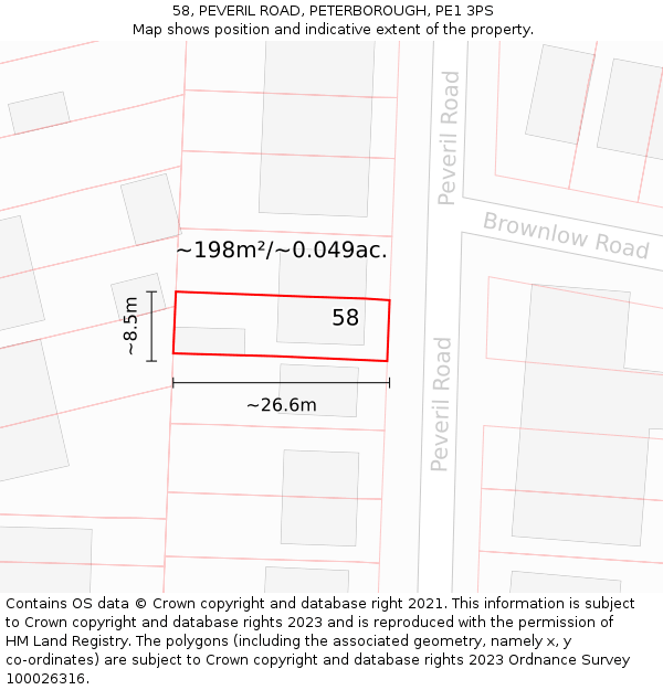 58, PEVERIL ROAD, PETERBOROUGH, PE1 3PS: Plot and title map