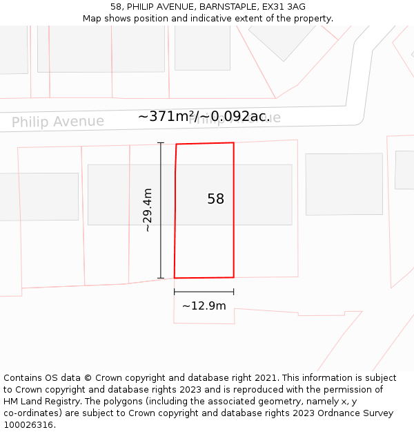 58, PHILIP AVENUE, BARNSTAPLE, EX31 3AG: Plot and title map