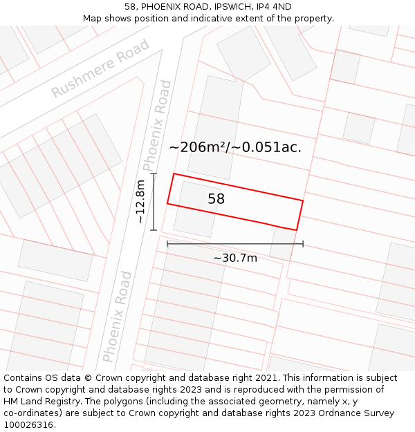 58, PHOENIX ROAD, IPSWICH, IP4 4ND: Plot and title map