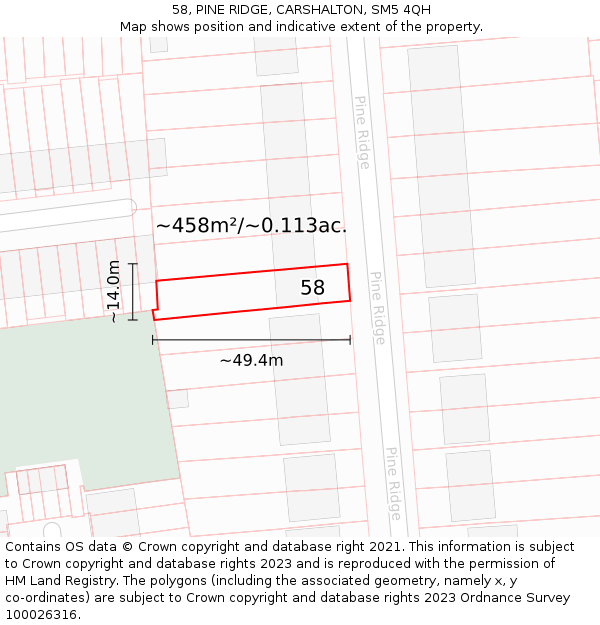 58, PINE RIDGE, CARSHALTON, SM5 4QH: Plot and title map