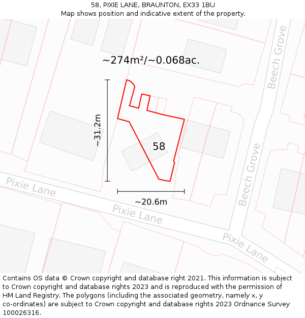 58, PIXIE LANE, BRAUNTON, EX33 1BU: Plot and title map