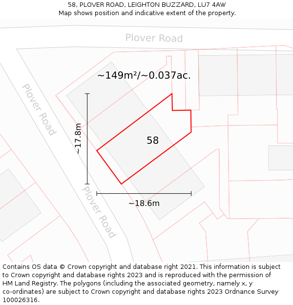 58, PLOVER ROAD, LEIGHTON BUZZARD, LU7 4AW: Plot and title map