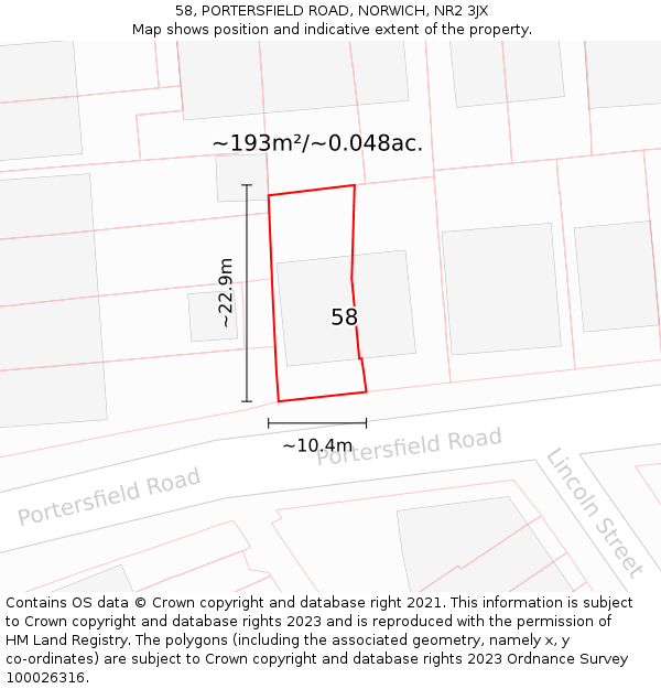 58, PORTERSFIELD ROAD, NORWICH, NR2 3JX: Plot and title map
