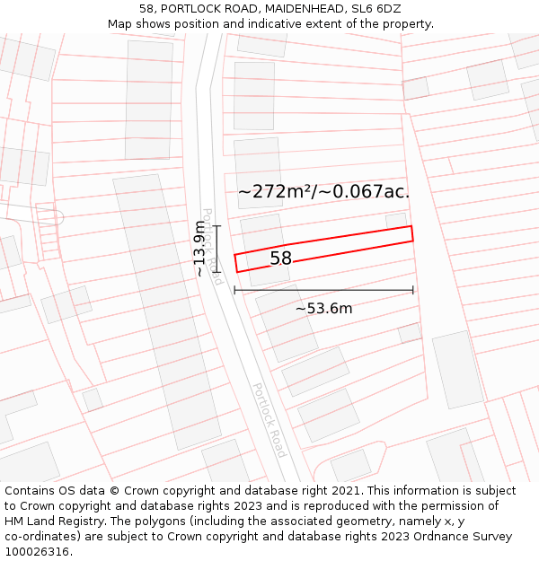 58, PORTLOCK ROAD, MAIDENHEAD, SL6 6DZ: Plot and title map