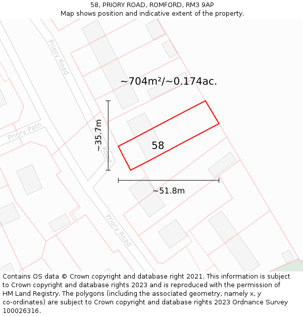 58, PRIORY ROAD, ROMFORD, RM3 9AP: Plot and title map