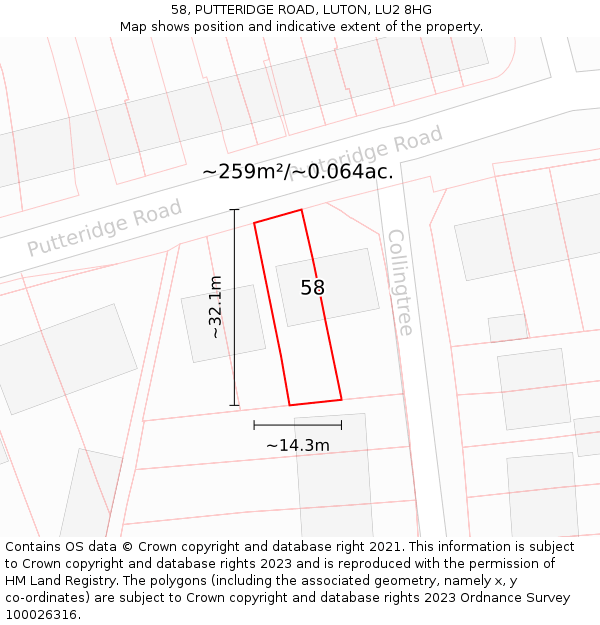 58, PUTTERIDGE ROAD, LUTON, LU2 8HG: Plot and title map