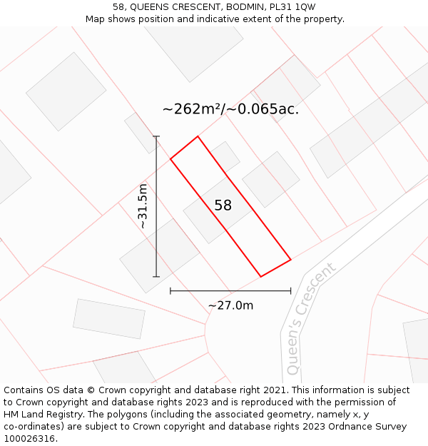 58, QUEENS CRESCENT, BODMIN, PL31 1QW: Plot and title map