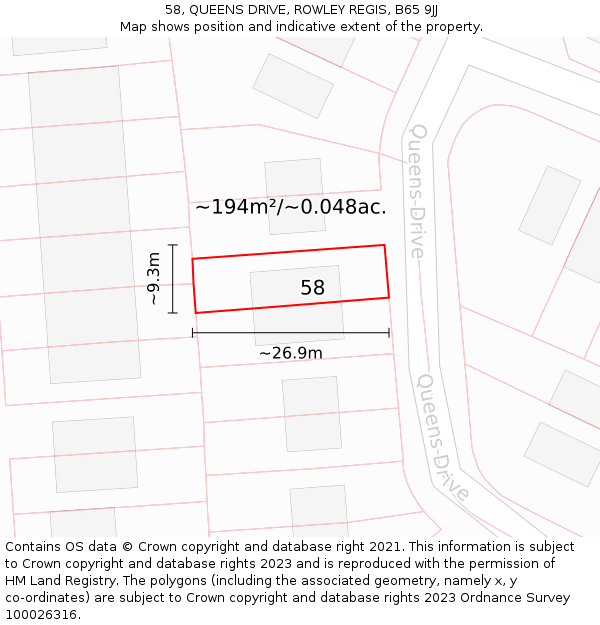 58, QUEENS DRIVE, ROWLEY REGIS, B65 9JJ: Plot and title map