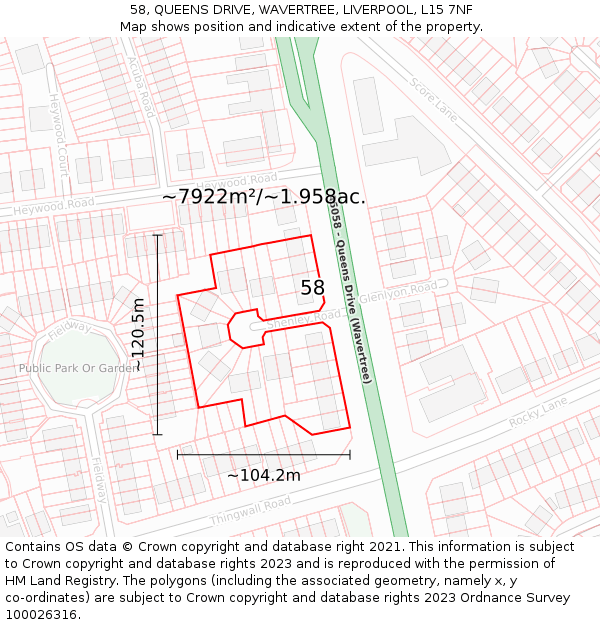 58, QUEENS DRIVE, WAVERTREE, LIVERPOOL, L15 7NF: Plot and title map