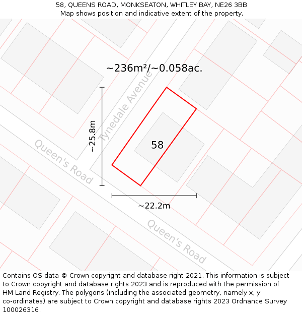 58, QUEENS ROAD, MONKSEATON, WHITLEY BAY, NE26 3BB: Plot and title map