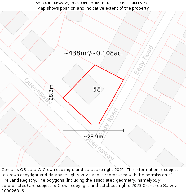 58, QUEENSWAY, BURTON LATIMER, KETTERING, NN15 5QL: Plot and title map