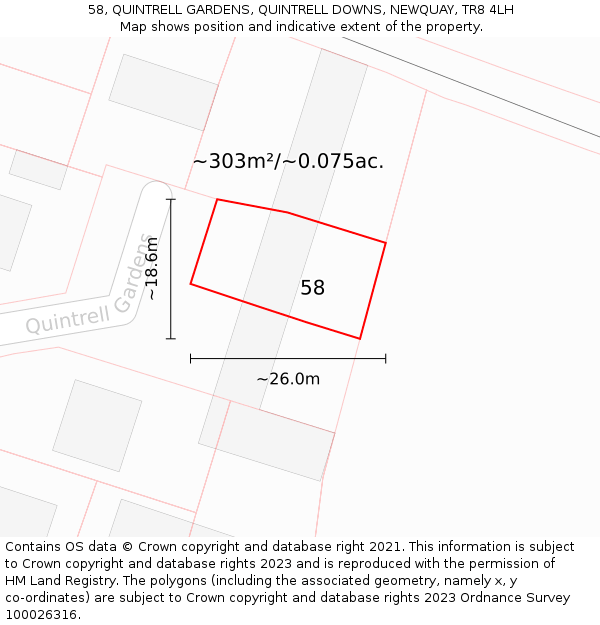 58, QUINTRELL GARDENS, QUINTRELL DOWNS, NEWQUAY, TR8 4LH: Plot and title map