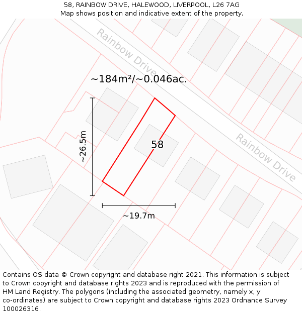 58, RAINBOW DRIVE, HALEWOOD, LIVERPOOL, L26 7AG: Plot and title map