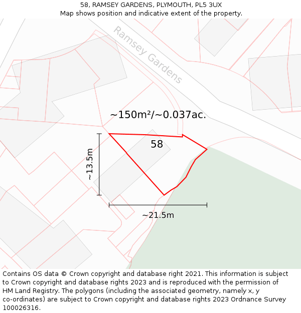 58, RAMSEY GARDENS, PLYMOUTH, PL5 3UX: Plot and title map