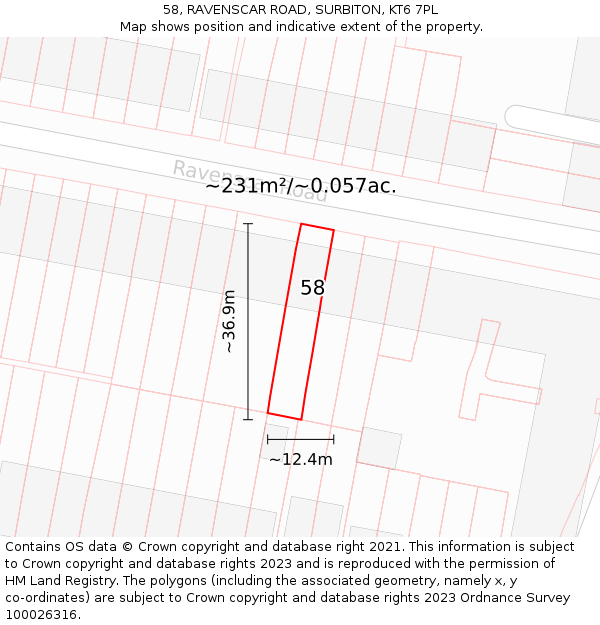 58, RAVENSCAR ROAD, SURBITON, KT6 7PL: Plot and title map