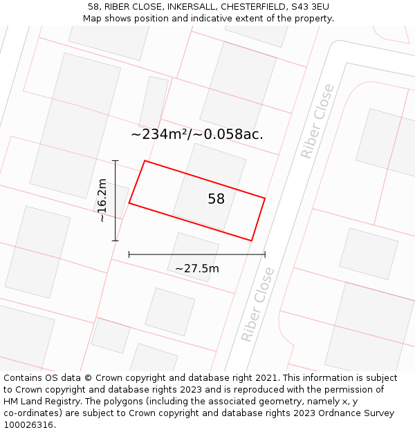 58, RIBER CLOSE, INKERSALL, CHESTERFIELD, S43 3EU: Plot and title map