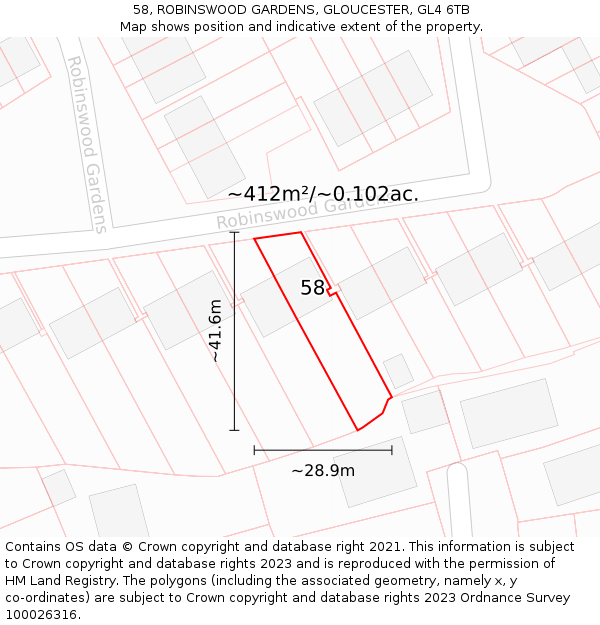 58, ROBINSWOOD GARDENS, GLOUCESTER, GL4 6TB: Plot and title map