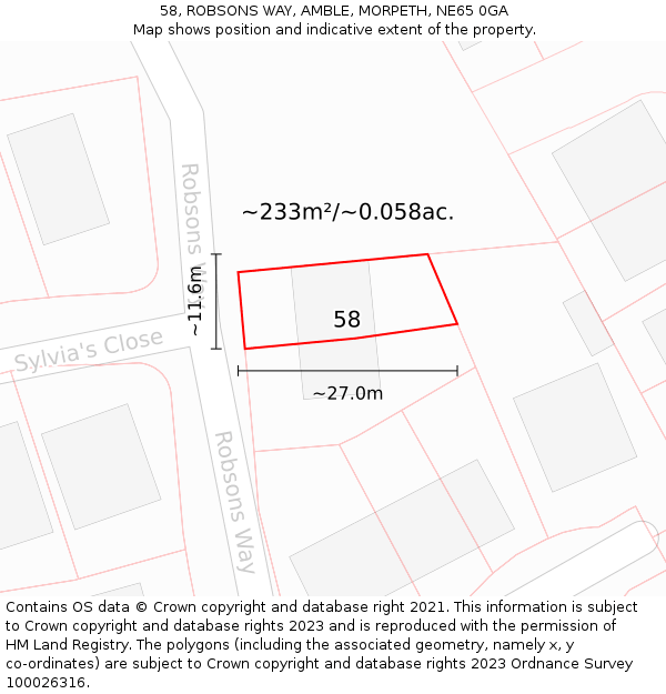 58, ROBSONS WAY, AMBLE, MORPETH, NE65 0GA: Plot and title map
