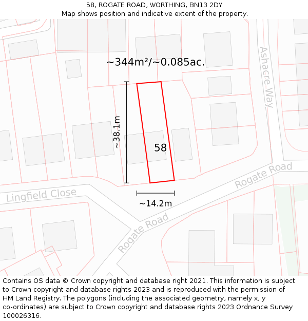 58, ROGATE ROAD, WORTHING, BN13 2DY: Plot and title map
