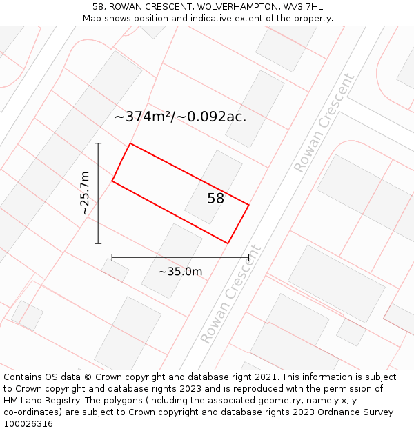 58, ROWAN CRESCENT, WOLVERHAMPTON, WV3 7HL: Plot and title map