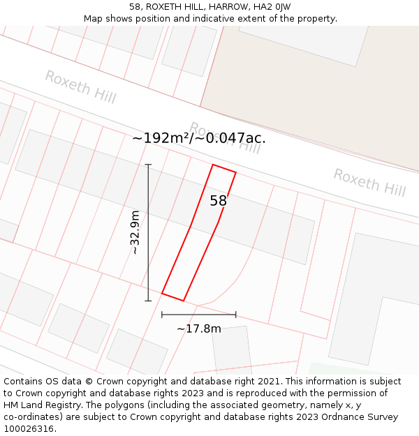 58, ROXETH HILL, HARROW, HA2 0JW: Plot and title map