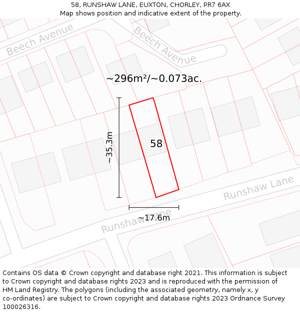 58, RUNSHAW LANE, EUXTON, CHORLEY, PR7 6AX: Plot and title map