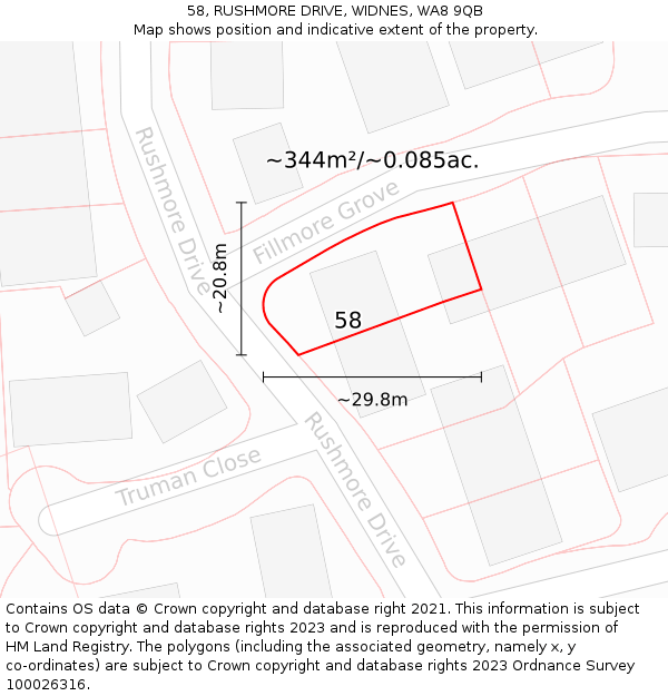 58, RUSHMORE DRIVE, WIDNES, WA8 9QB: Plot and title map