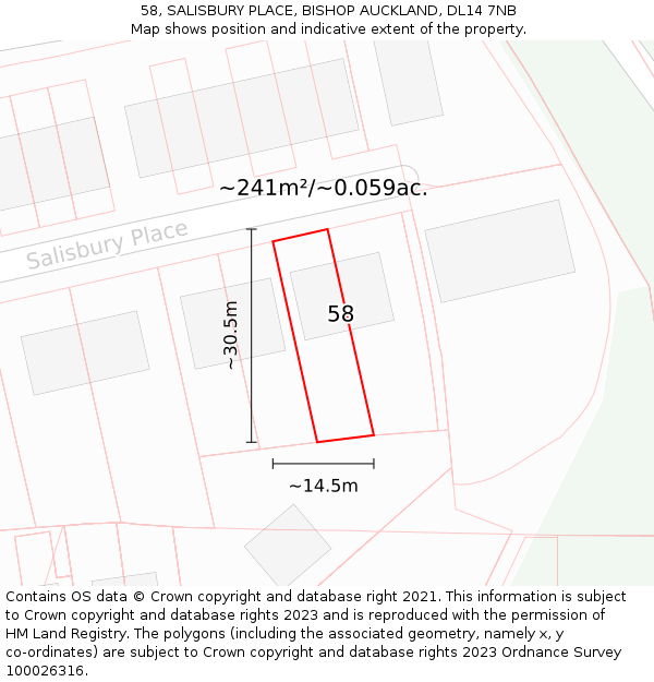 58, SALISBURY PLACE, BISHOP AUCKLAND, DL14 7NB: Plot and title map
