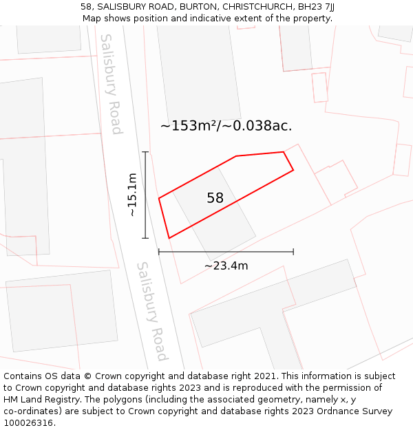 58, SALISBURY ROAD, BURTON, CHRISTCHURCH, BH23 7JJ: Plot and title map
