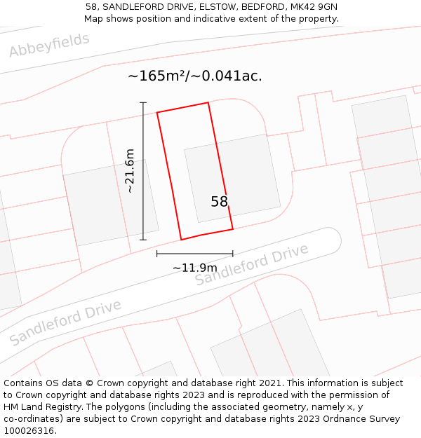 58, SANDLEFORD DRIVE, ELSTOW, BEDFORD, MK42 9GN: Plot and title map
