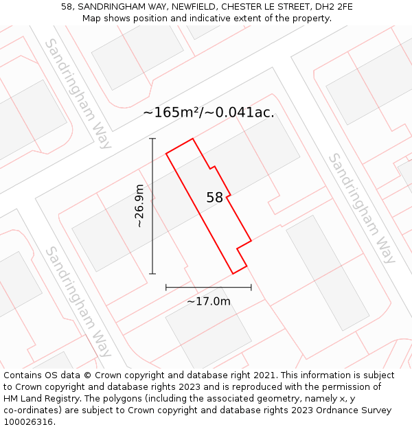 58, SANDRINGHAM WAY, NEWFIELD, CHESTER LE STREET, DH2 2FE: Plot and title map