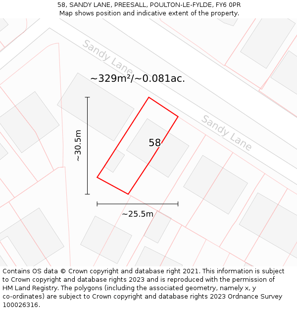 58, SANDY LANE, PREESALL, POULTON-LE-FYLDE, FY6 0PR: Plot and title map