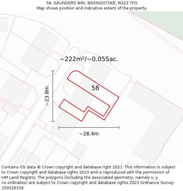 58, SAUNDERS WAY, BASINGSTOKE, RG23 7FG: Plot and title map