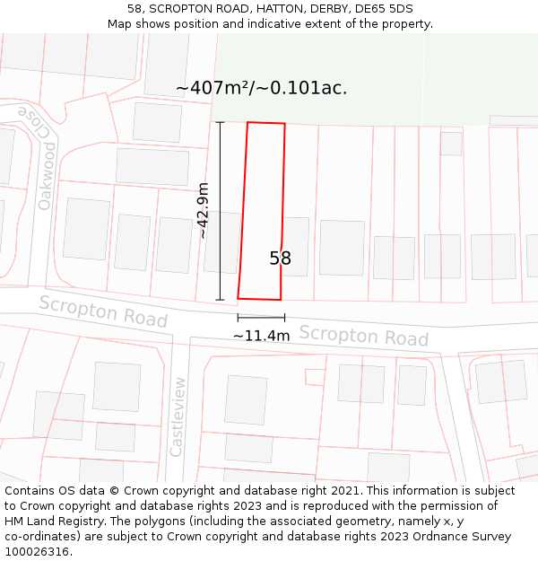 58, SCROPTON ROAD, HATTON, DERBY, DE65 5DS: Plot and title map