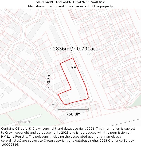 58, SHACKLETON AVENUE, WIDNES, WA8 9NG: Plot and title map