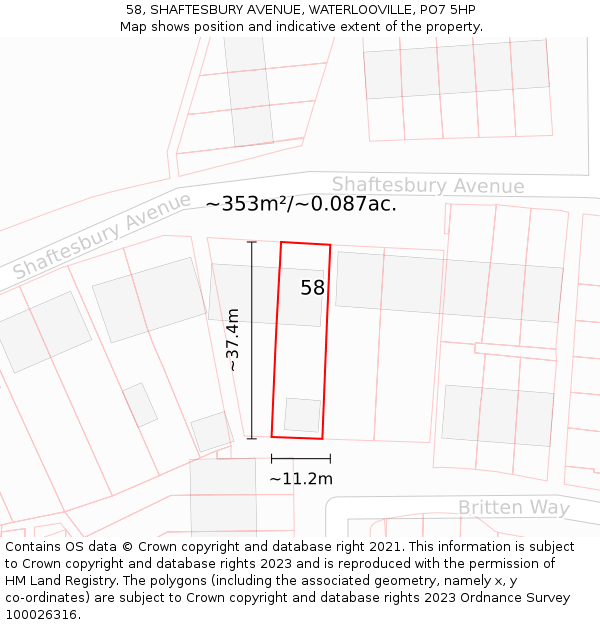 58, SHAFTESBURY AVENUE, WATERLOOVILLE, PO7 5HP: Plot and title map