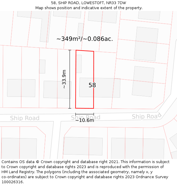 58, SHIP ROAD, LOWESTOFT, NR33 7DW: Plot and title map