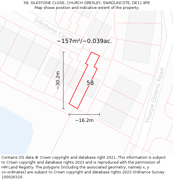 58, SILKSTONE CLOSE, CHURCH GRESLEY, SWADLINCOTE, DE11 9PE: Plot and title map