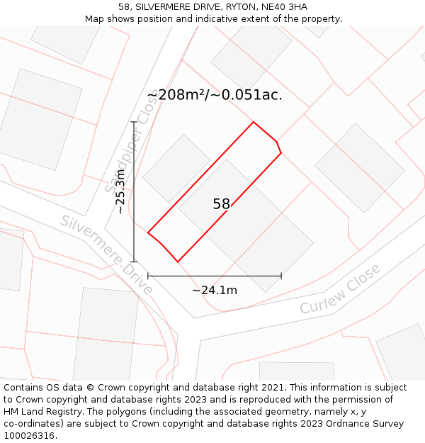 58, SILVERMERE DRIVE, RYTON, NE40 3HA: Plot and title map