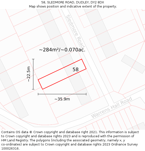 58, SLEDMORE ROAD, DUDLEY, DY2 8DX: Plot and title map