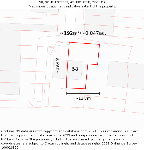 58, SOUTH STREET, ASHBOURNE, DE6 1DP: Plot and title map