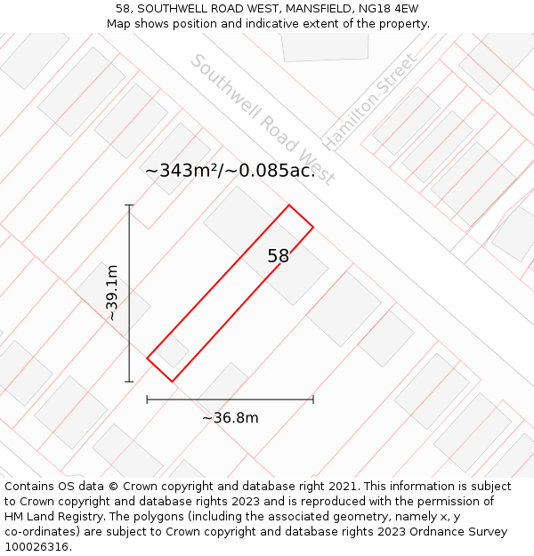 58, SOUTHWELL ROAD WEST, MANSFIELD, NG18 4EW: Plot and title map