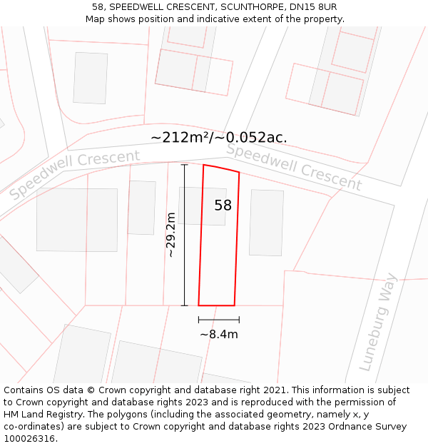 58, SPEEDWELL CRESCENT, SCUNTHORPE, DN15 8UR: Plot and title map